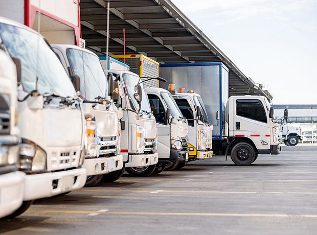A row of white commercial box trucks and delivery vehicles parked side by side at a loading dock outside a warehouse. One truck is backed into a loading bay, highlighting fleet operations, shipping, logistics, and commercial transportation.